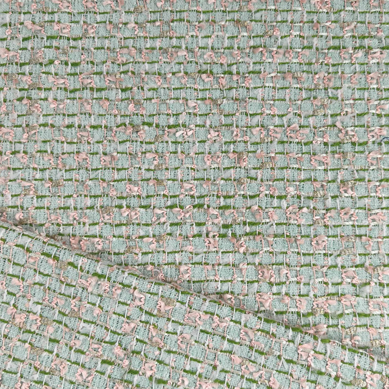 Sewing Tweed Fabric - Tkanina tweedowa z zielono-czerwonymi wstążkami, barwiona
